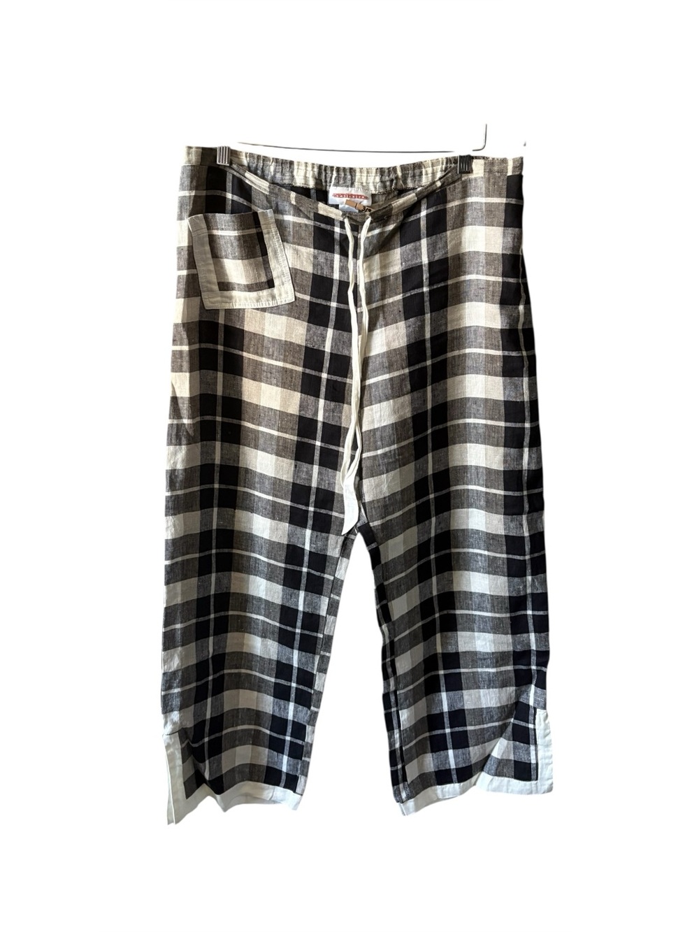 Solitaire Cropped Linen Pants Black Cream Plaid Size Medium lagenlook